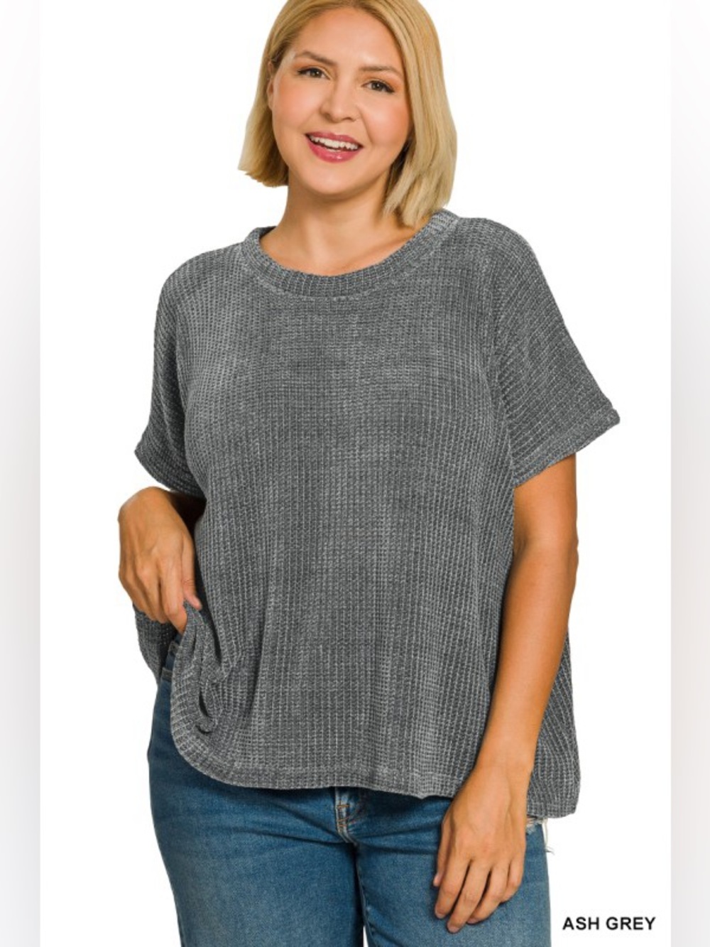 Ash Grey Zenana PLUS CHENILLE WAFFLE CAP SLEEVE SWEATER